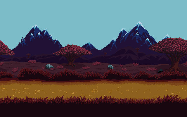 The Blood Plains: red-leaved trees and a golden trail beneath blue mountain peaks