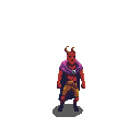 Ish, a character wearing a horned hood and purple clothing
